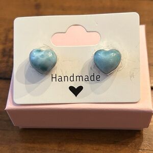 Handmade Larimar‎ Blue Heart Stud Earrings